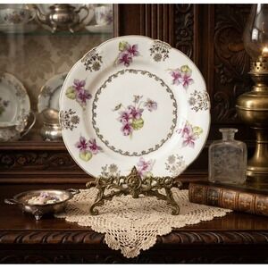 Vintage Porcelain Violet Floral Plate Gold Scalloped Rim 7.5 Inch Dessert Salad